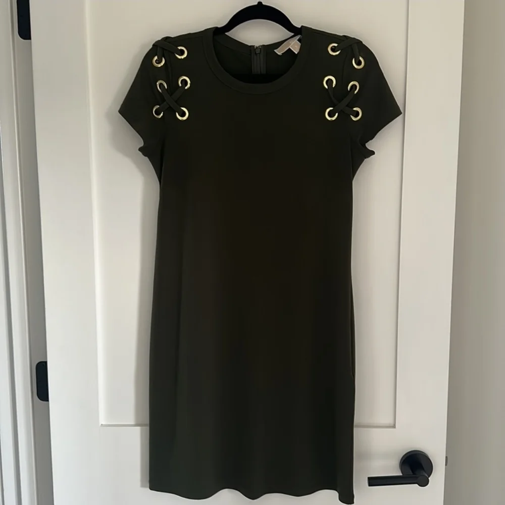 Michael Kors Olive Mini Dress with Lace-Up Detail